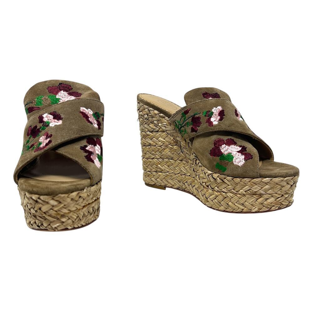 ASH Bahia Mules Embroidered Brown Suede Platform Heel Slide Wedge‎ Size 39 US 9